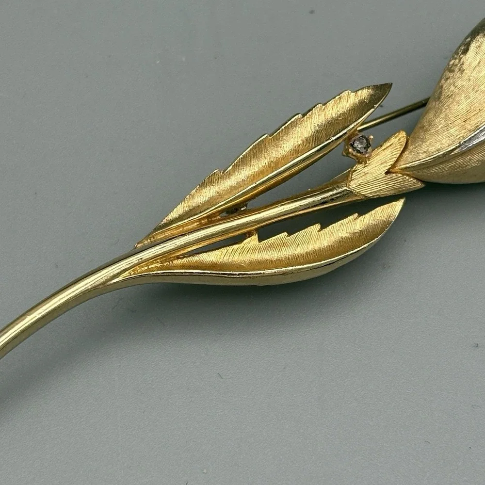 Vintage Francois Coro Brooch Tulip Flower Pin Goldtone Red Stone MCM